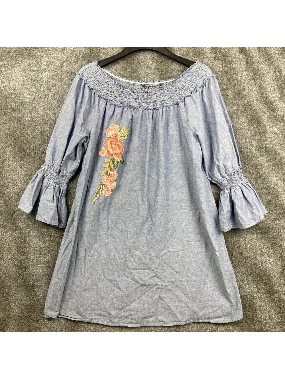 Mlle Gabrielle Woman XL Blue Scoop Neck Flowers Bell 3/4 Sleeve A-Line Dress